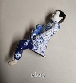 Vintage Asian Porcelain Chinoiserie Set Of Two Sitting Children with Bird And Cat