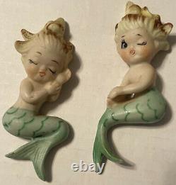 Vintage CERAMIC Bisque SMALL Mermaids Wall Hangings Japan Set Of Two