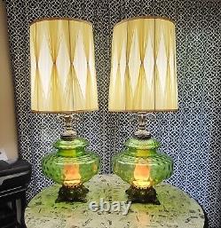 Vintage Dimpled GREEN Swag Glass Globe Table Lamp Light Set of Two Falkenstein