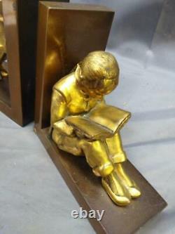 Vintage Metal Asian Chinese Children Book Scholars Pair of Two 2 Bookends Set