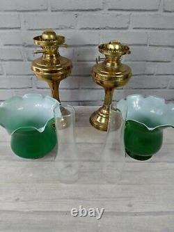Vintage Oil Lamps With Glass Chimney And Green Shade Set Of Two