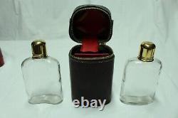 Vintage Real Hide Leather Travel Set, Two Glass Flask in Leather Case Gold Toned