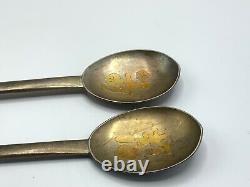 Vintage Set Of Two 990 Silver And Gold Korean Rice Spoons