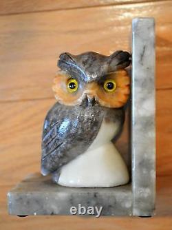 Vintage Set of Two Glass Eye Owl Alabaster Art Deco Bookends-Hand Carved-Italy