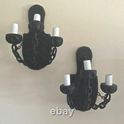 Vintage Set of Two Gothic Medieval Style Wrought Iron Chain & Wood Sconces