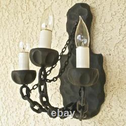 Vintage Set of Two Gothic Medieval Style Wrought Iron Chain & Wood Sconces