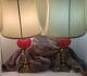 Vintage Set Of Two Paul Hanson Red Cranberry Bubble Glass And Brass Table Lamp