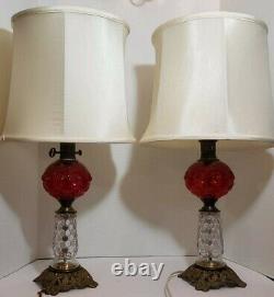 Vintage Set of Two Paul Hanson Red Cranberry Bubble Glass and Brass Table Lamp