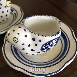 Vintage Tiffany & Co Portugal Egg Cup Baby Chick White Blue & Yellow Set Of Two