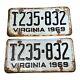 Vtg 1969 Virginia Collectible License Plate Set Of Two Matching T235 832 Pair