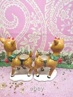 Vtg Lefton Christmas Holly Berry Reindeer Candle Holders SET OF TWO W RED BOWS