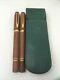 Waterman Le Man 100 Briarwood Set Of Two (2) Fountain Pens & Green Leather Case