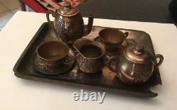 Antique Japonais 19ème Siècle Copper Childs Tea Set Pour Deux Sur Le Plateau Miniature
