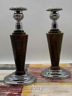 Bougeoirs en métal argenté et bois vintage, ensemble de deux paires