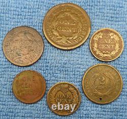 Collection de six pièces de monnaie américaines en cuivre : Demi grand aigle, Deux cents indiens VDB.