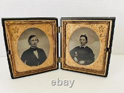 Daguerreotypes doubles du 1/6e de la décennie 1850 : Élégant jeune couple dans un étui d'union teinté, JOLI.