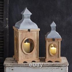 Élégant ensemble de deux lanternes porte-bougies en bois et en métal