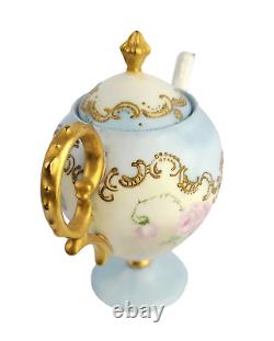 Ensemble Antique De Deux Pots De Chocolat Et Vase De Bourgeon R. E. H. Fleurs D'or Élevées Allemagne