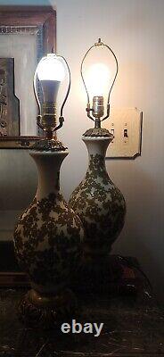 Ensemble De Deux Anciennes Lampes Art Nouveau Hollywood Regency Or Blanc