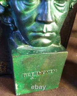Ensemble Paire De 2 Deux Livres Beethoven & Liszt Livres En Cuir Statue Busts Metal
