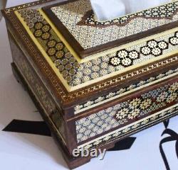 Ensemble de boîtes à mouchoirs anciennes en bois faites à la main, décorées avec des incrustations, en deux pièces (jumeau)