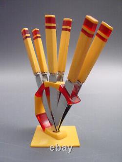 Ensemble de couteaux à fruits en bakélite bicolore ART DECO, couverts bauhaus des années 1920 en catalin lucit