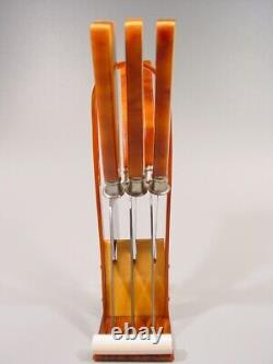 Ensemble de couteaux à fruits en bakélite marbrée ambre ART DECO à deux tons, couverts des années 1920 en catalin