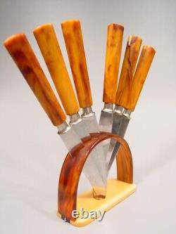 Ensemble de couteaux à fruits en bakélite marbrée ambre Art Déco à deux tons des années 1920