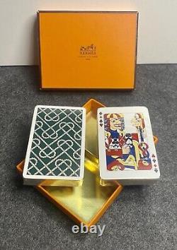 Ensemble de deux jeux de cartes à jouer en forme de cœur avec motif de corde, dans leur boîte d'origine scellée, Hermès Paris, vintage