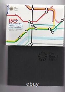 Ensemble de deux pièces commémoratives de 2 livres de 2013 de qualité standard en argent preuve, dans un coffret, représentant le métro de Londres, avec certificat.