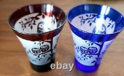 Ensemble de deux verres à saké en verre Kiriko japonais motif chouette