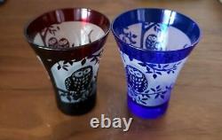 Ensemble de deux verres à saké en verre Kiriko japonais motif chouette