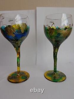 Ensemble de deux verres à vin peints à la main bleu vert jaune or RARE IRIMIEA