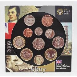 Ensemble de pièces de monnaie annuelles non circulées de la Royal Mint de 2009 comprenant 11 pièces, y compris la pièce de 50 pence de Kew.