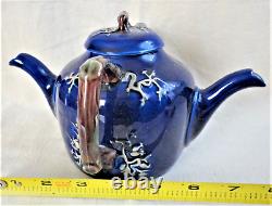 RARE & FABULEUX Antique TWIN SPOUT Wedgwood Majolica Théière Bleue Cobalt, 1889