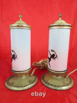 Rare Antique Devilbiss Verre Art Déco Parfum Dancy Lady Fairy Lampes Ensemble De Deux