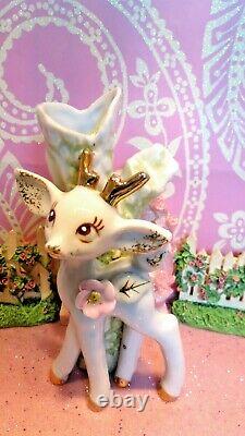 Vtg Christmas Reindeer Anthropomorphic Bud Vase Set De Deux W Pink Floral Trim