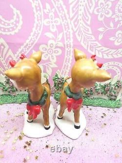 Vtg Lefton Christmas Holly Berry Renne Candle Holders Set Of Two W Arcs Rouges