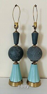 Vtg MCM Ceramic And Metal Lamps Mint Green Grey Set Of Two (2)