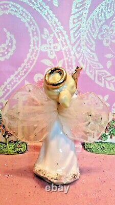 Vtg Set Deux Dancing Anges De Noël Gold Stars & Wand Tulle Fabric Wings